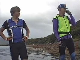 Gavin and Julian supervise the final bike loading onto the private boat at the Alltnaharrie Inn